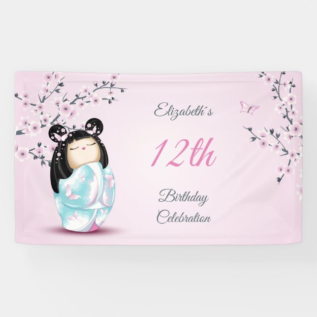 Banderoles Kokeshi Doll Cherry Blossom | Anniversaire de la f (Horizontal)