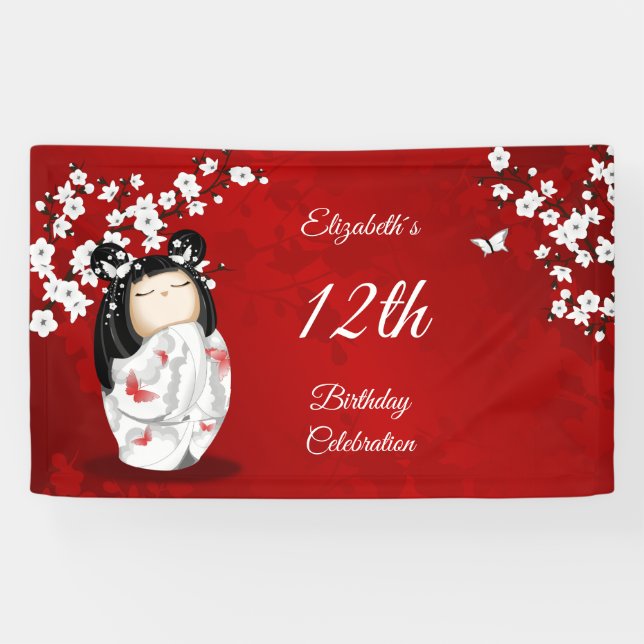 Banderoles Kokeshi Doll Cherry Blossom Rouge | Anniversaire d (Horizontal)