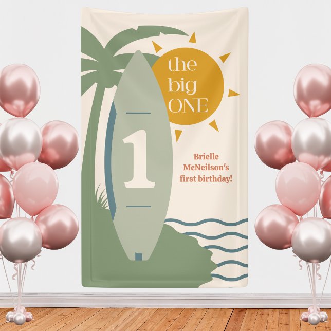 Banderoles "La GRANDE one" Fête d'anniversaire plage de surf ("the big one" green surfboard green gender neutral surfing 1st birthday party sign backdrop decor)