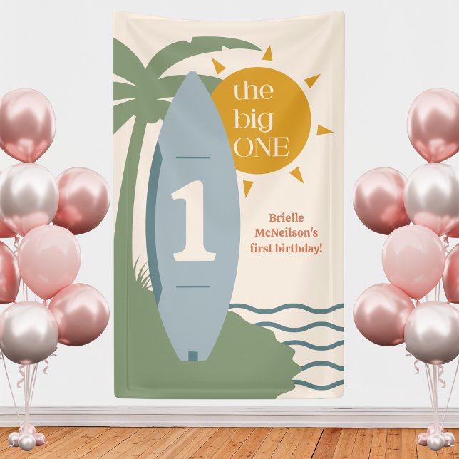 Banderoles "La grosse Vague" Fête de plage de surf 1er annive ("the big one" blue surfboard party banner 1st birthday baby boy surfing ocean bday backdrop sign )