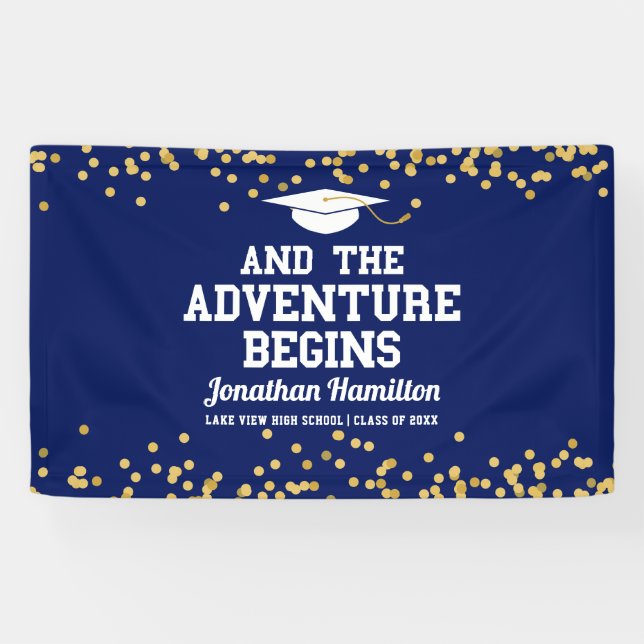 Banderoles L'aventure commence Navy Blue Grad Party (Horizontal)