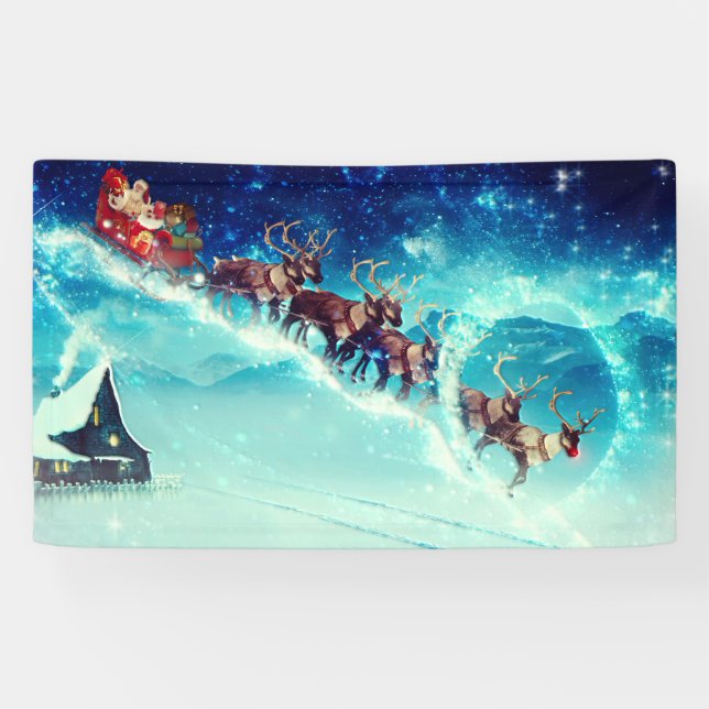 Banderoles Le Père Noël vole avec un renne (Horizontal)