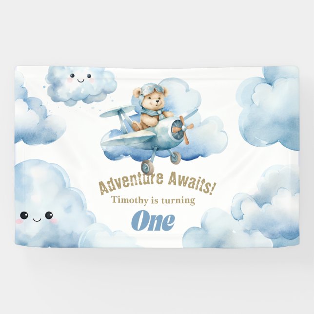 Banderoles Le premier vol d'anniversaire de Teddy : un vol en (Horizontal)