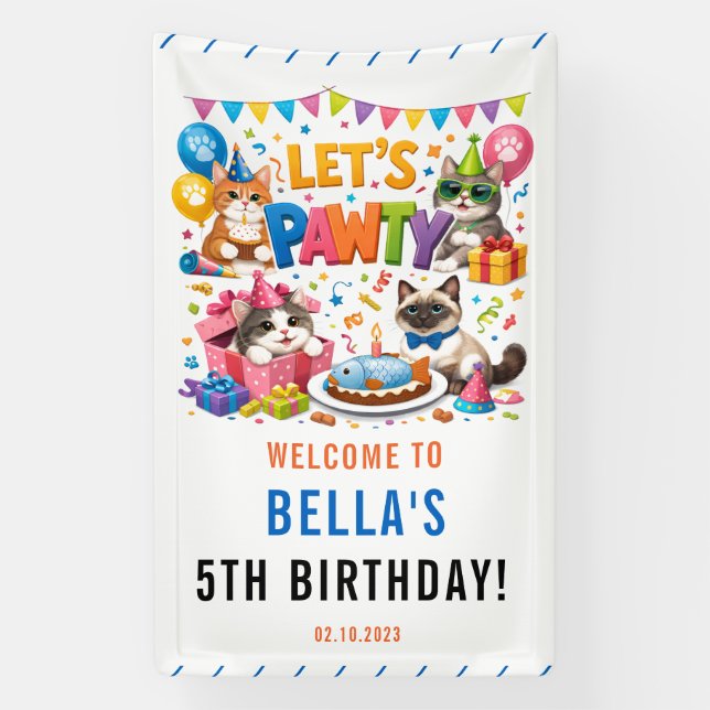 Banderoles Let’s Pawty Cat 5th Birthday | Cute Kitty Birthday (Verticale)