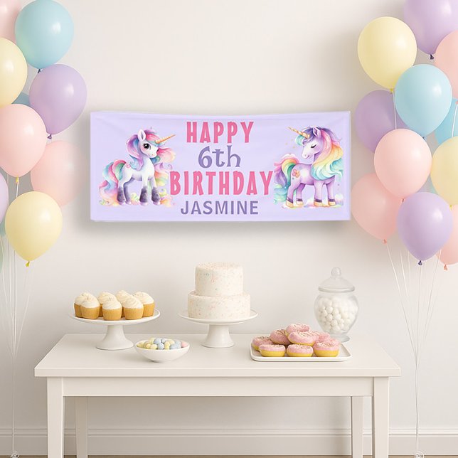 Banderoles Licorne Rose Violet 6ème Anniversaire Fille (Unicorn 6th birthday party banner)