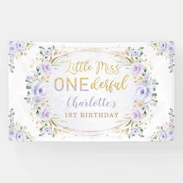 Banderoles Little Miss ONE derful Birthday Purple Gold Floral (Horizontal)