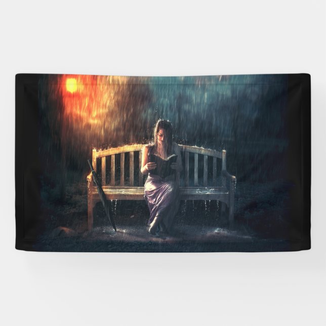 Banderoles Livre de lecture de femme sous la pluie (Horizontal)