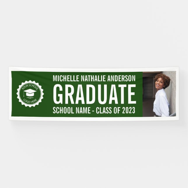 Banderoles Logo de l'école Graduation Photo Vert blanc (Horizontal)
