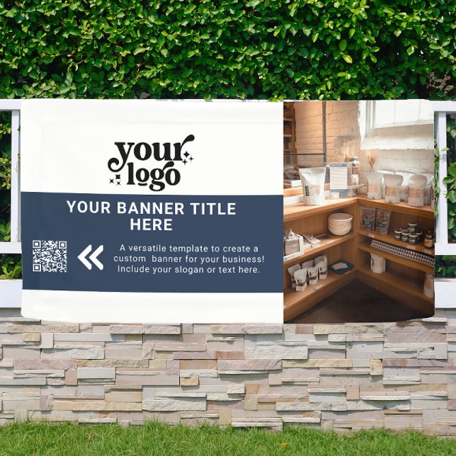 Banderoles Logo d'entreprise Marine Blue Modern QR Code Photo (Créateur téléchargé)