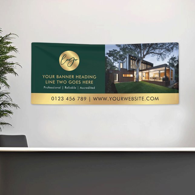 Banderoles Logo Vert & Or de l'entreprise Advert Photo d'entr (Elegant business green & gold logo promotional photo banner *mockup background photo is Ai generated)