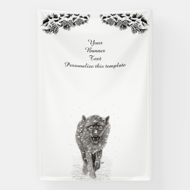 Banderoles Loup noir en colère dans la neige, hiver sauvage (Verticale)