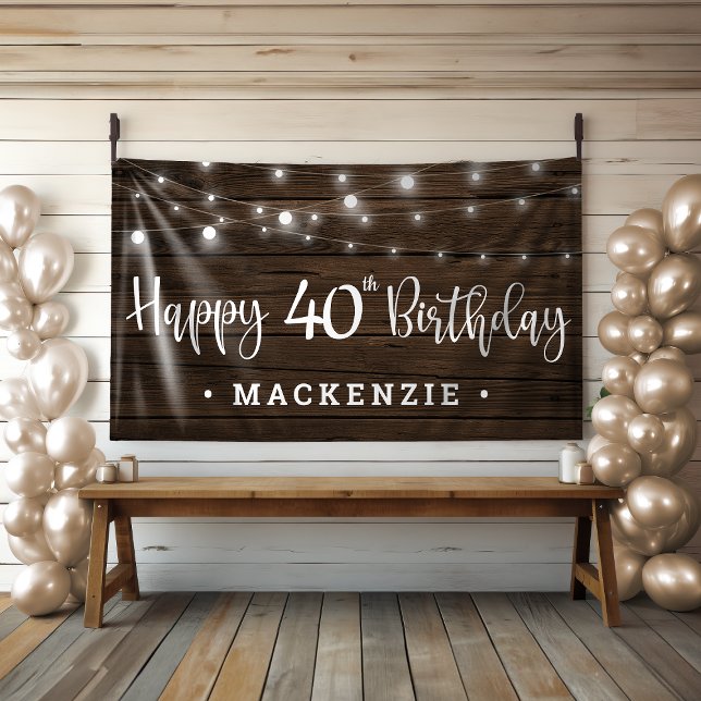 Banderoles Lumières à cordes rustiques sur bois 40e anniversa (Rustic String Lights on Wood 40th Birthday Banner)