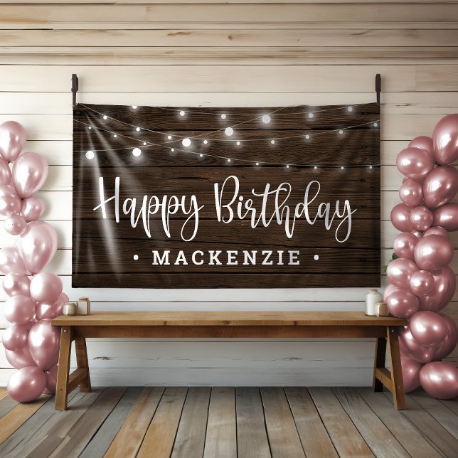 Banderoles Lumières à cordes rustiques sur le bois Anniversai (Rustic String Lights on Wood Birthday Banner)