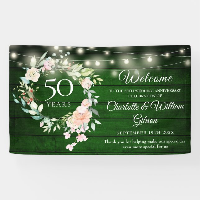 Banderoles Lumières florales rustiques 50e anniversaire Bienv (Horizontal)