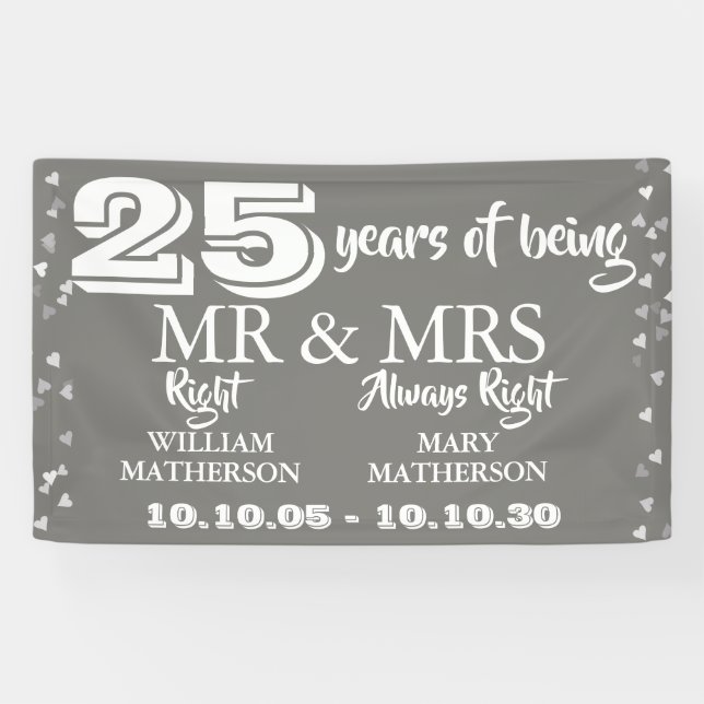 Banderoles M. Mme Right Fun 25e anniversaire Coeurs d'argent (Horizontal)