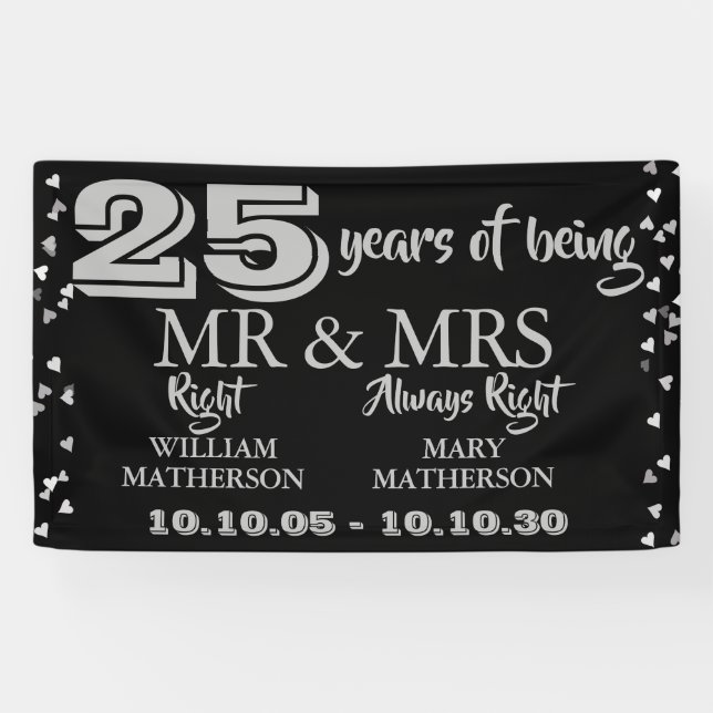 Banderoles M. Mme Right Fun 25e anniversaire Coeurs d'argent (Horizontal)