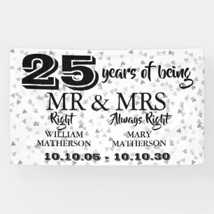 Banderoles M. Mme Right Fun 25e anniversaire Coeurs d'argent