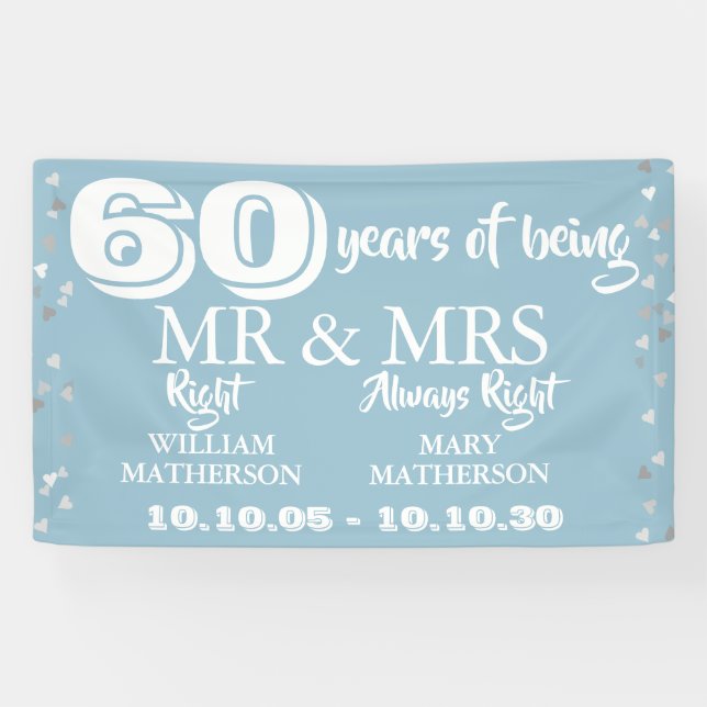 Banderoles M. Mme Right Fun 60e Anniversaire du Mariage Coeur (Horizontal)