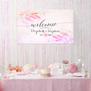 Banderoles Magenta Watercolor Feuilles Floral Mariage Bienven