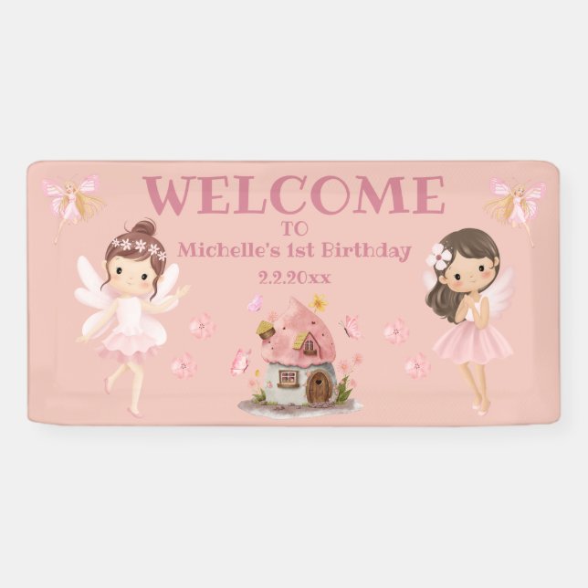 Banderoles magique contes de fées fille 1er anniversaire rose (Horizontal)
