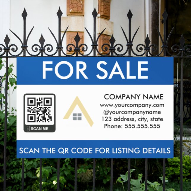 Banderoles Maison simple à vendre Code QR Logo d'entreprise S (real estate for sale blue white professional banner)