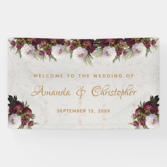 Banderoles Marbre floral Bourgogne White Peony Mariage Bienve (Horizontal)