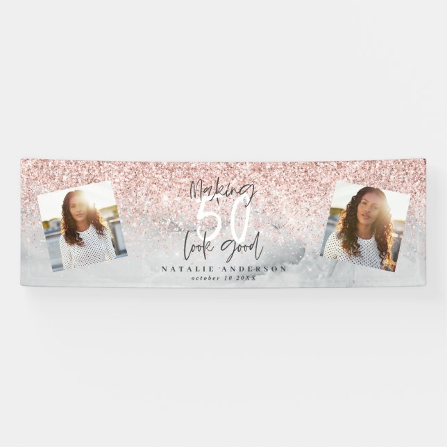 Banderoles Marbre parties scintillant rose pour 50 ans (Horizontal)