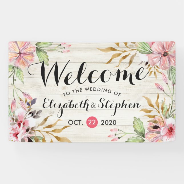 Banderoles Mariage Accueil Aquarelle Rose Fleur Rustique Bois (Horizontal)