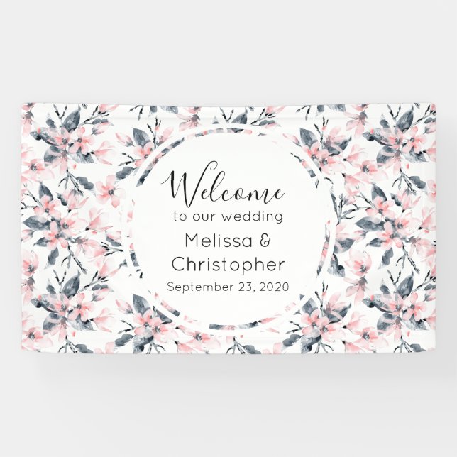 Banderoles Mariage Accueil rose et gris motif floral (Horizontal)