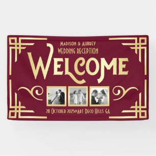 Banderoles Mariage Art déco Gold Bourgogne Trois photos Bienv