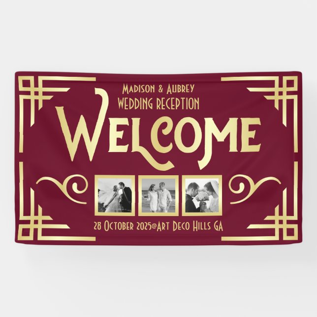 Banderoles Mariage Art déco Gold Bourgogne Trois photos Bienv (Horizontal)
