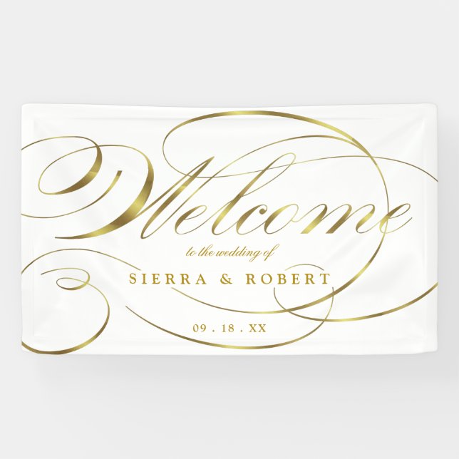 Banderoles Mariage Bienvenue Élégant Faux Foil Gold Script (Horizontal)