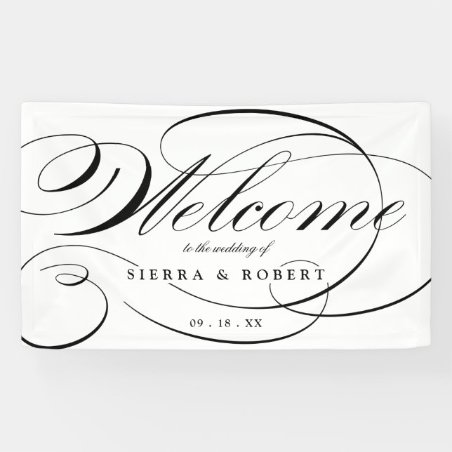 Banderoles Mariage Bienvenue Élégant Script noir et blanc (Horizontal)