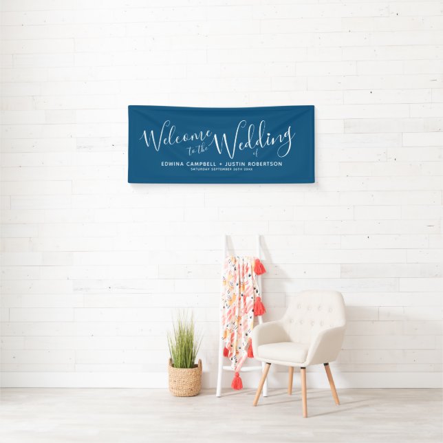 Banderoles Mariage blanc script texte bleu marine bienvenue (En situation)