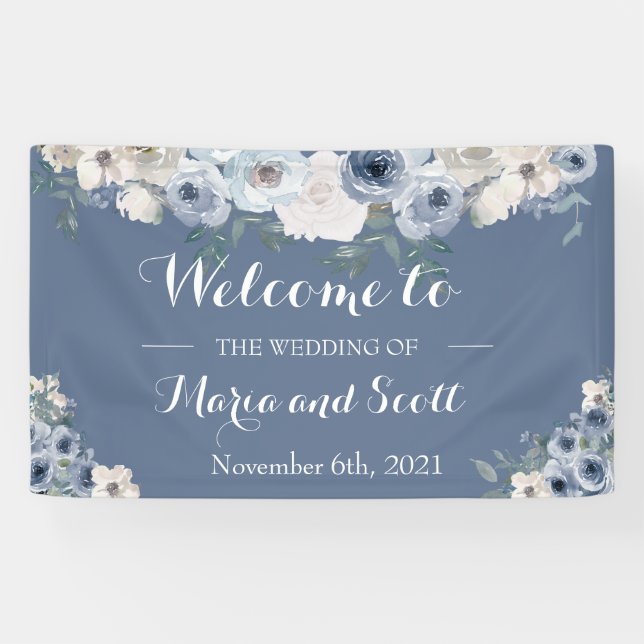 Banderoles Mariage Botanique Floral Bleu Et Gris Duché (Horizontal)