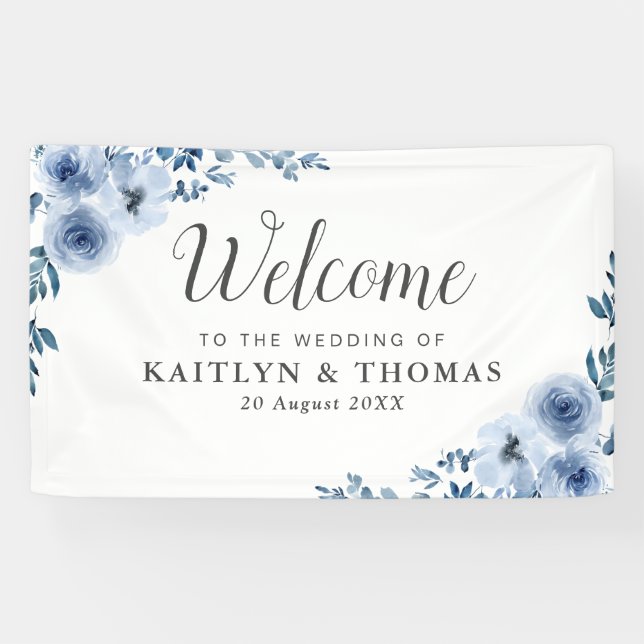 Banderoles mariage d'accueil fleuri bleu (Horizontal)