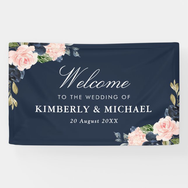 Banderoles mariage d'accueil fleuri et bleu marine (Horizontal)