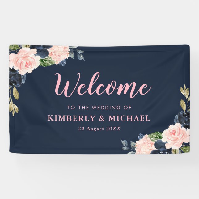 Banderoles mariage d'accueil fleuri rose marine (Horizontal)