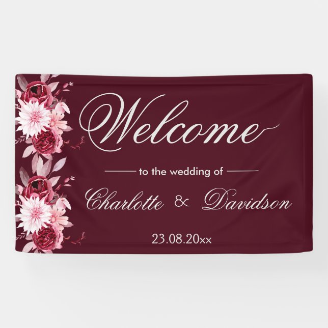Banderoles Mariage d'accueil rouge Bourgogne bleu rose (Horizontal)