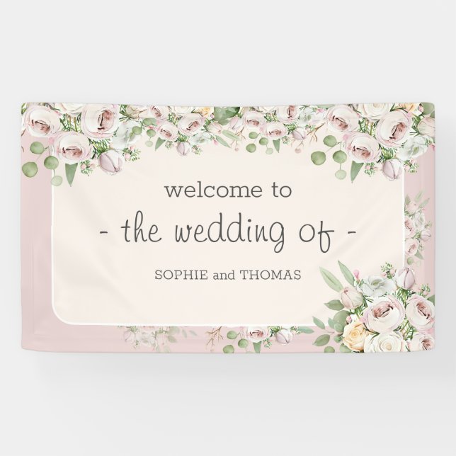 Banderoles Mariage d'aquarelle fleurie rose duveteuse (Horizontal)
