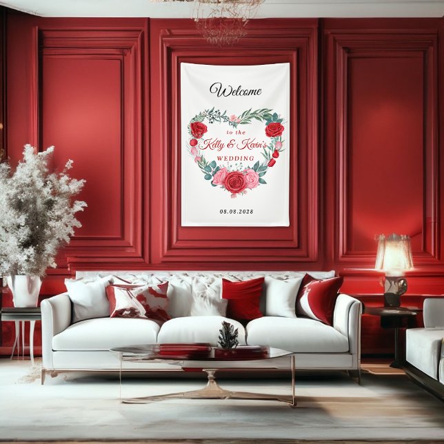 Banderoles Mariage de coeur de Rose rouge (Red Rose Watercolor Heart Wedding Banner)