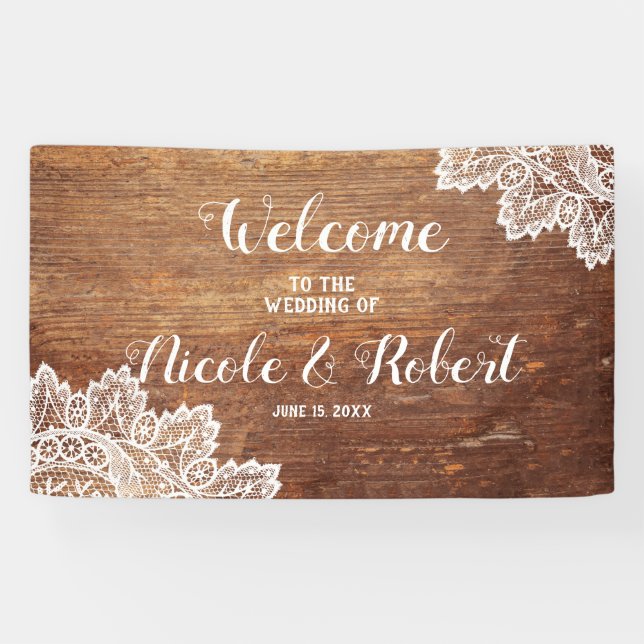 Banderoles Mariage de dentelle blanche en bois rustique (Horizontal)