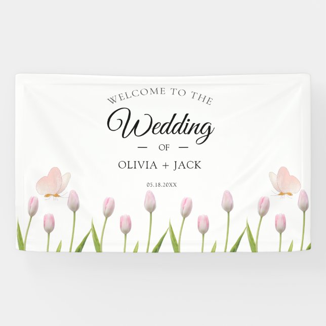 Banderoles Mariage d'été moderne rose pâle, floral et papillo (Horizontal)
