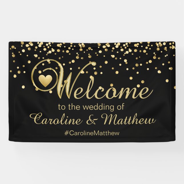 Banderoles Mariage élégant d'accueil de coeur de noir d'or (Horizontal)