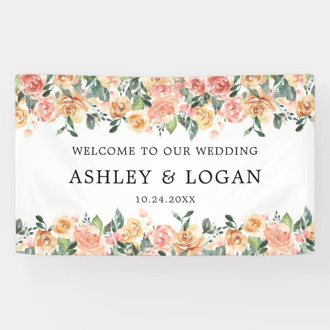 Banderoles Mariage élégant rose et or Floral Bienvenue (Horizontal)