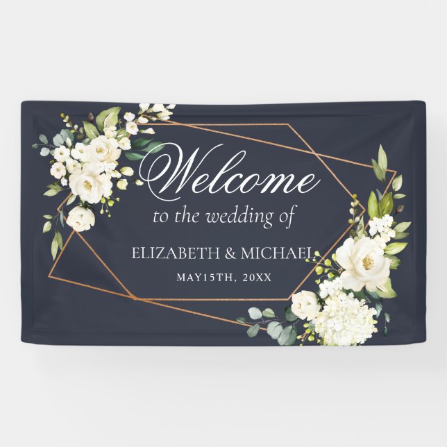 Banderoles Mariage floral blanc blanc bleu cuivré géométrique (Horizontal)
