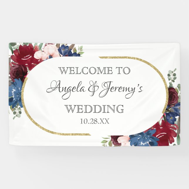 Banderoles Mariage floral bleu bleu bleu marine Bourgogne rou (Horizontal)