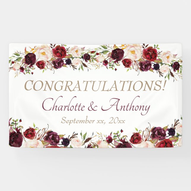 Banderoles Mariage floral de Bourgogne profonde (Horizontal)