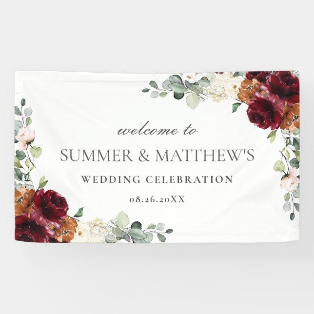 Banderoles Mariage floral d'ivoire rose de Bourgogne (Horizontal)