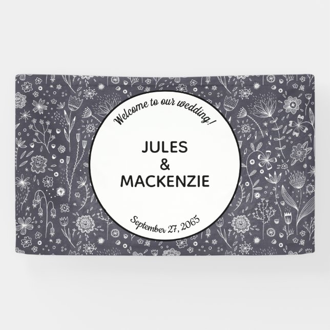 Banderoles Mariage floral noir et blanc moderne (Horizontal)